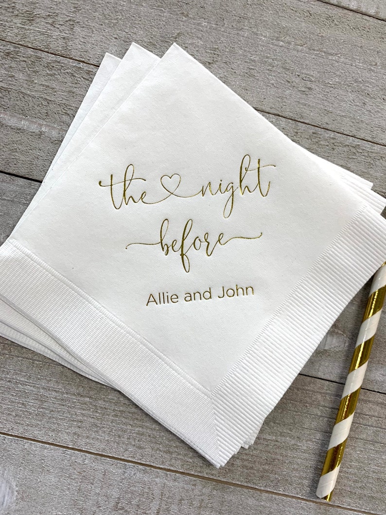 Personalized Rehearsal Napkins Custom Printed The Night Before Beverage Cocktail Luncheon Dinner Guest Towel Napkins Imprinted Foil Stamped image 1