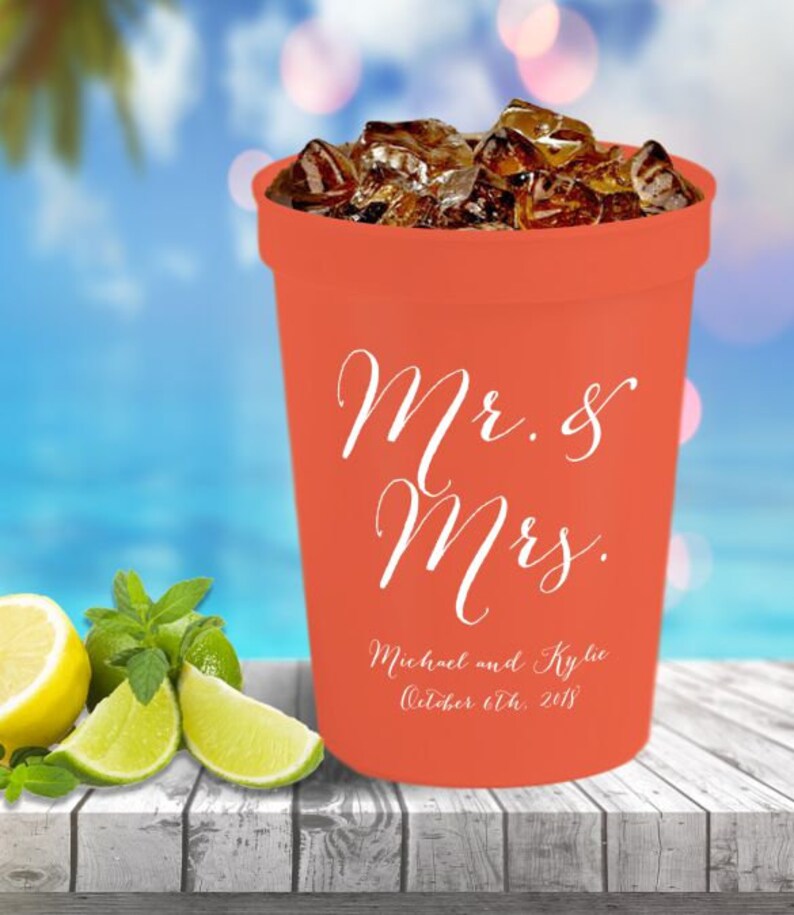 50-16 oz Personalized Custom Stadium Cups Wedding Rehearsal Dinner Monogram Logo Artwork Plastic Cups Drinks Favors We can do anything!