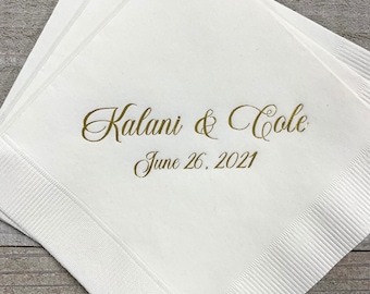 May include: White paper napkins with gold lettering. The text reads "Kalani & Cole June 26, 2021".