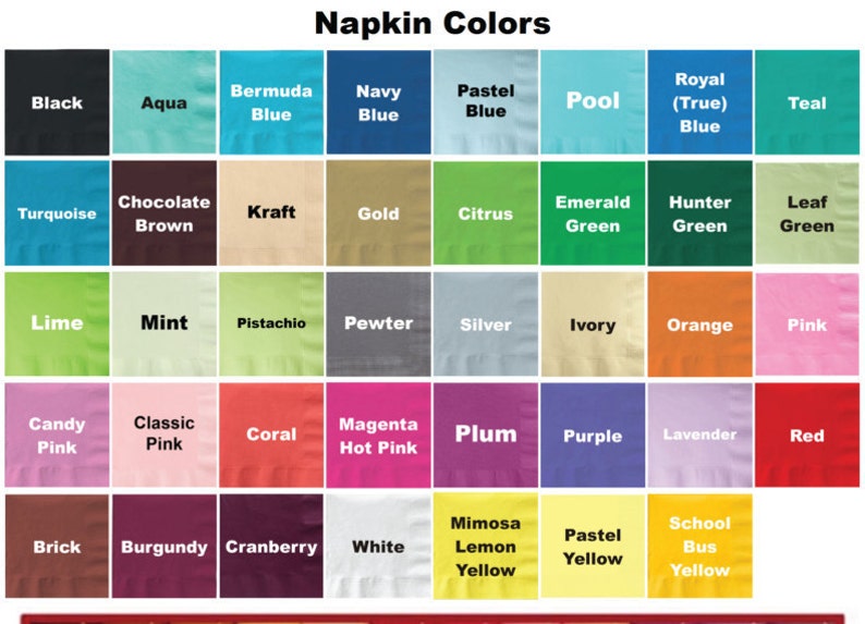 Package of 50-3 ply Napkins Beverage Luncheon Guest Dinner Solid Color No Printing Black Plain Many More Colors