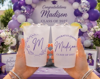 Personalized Frosted Cups Graduation Party Wreath Grad Cap Custom Cups Monogram Cups Custom Frosted Cups Logo
