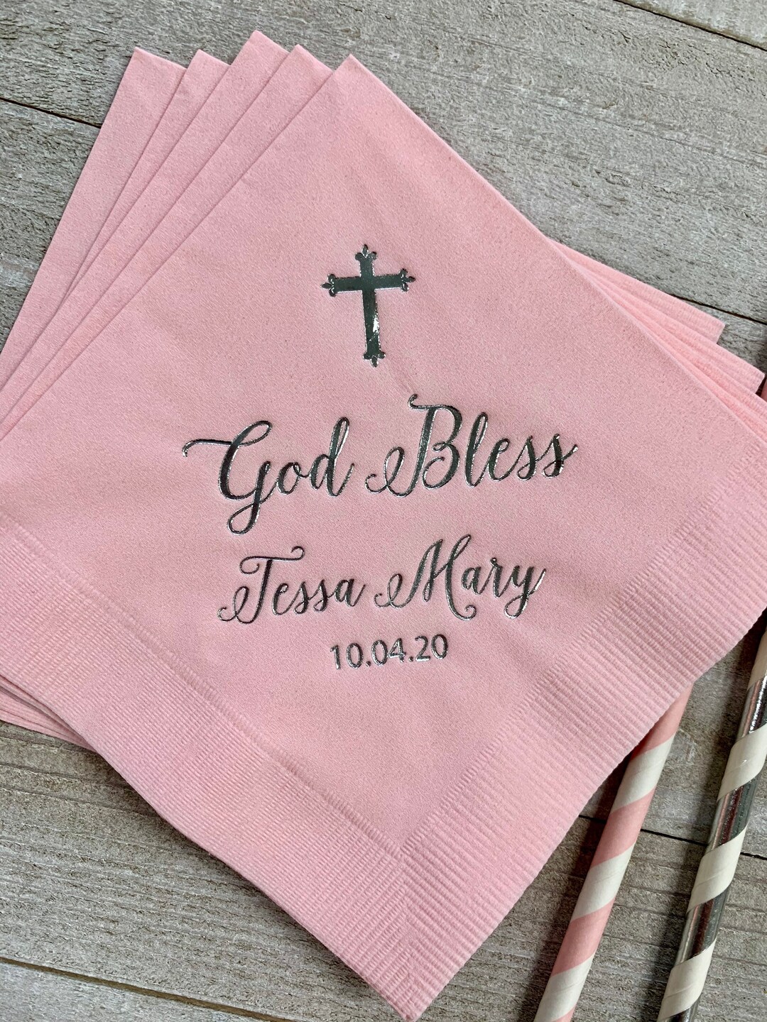 Personalized Baptism Monogram Napkins Baby Communion Christening Beverage Cross Religious