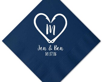100 Fishing Theme Hooks Heart Wedding Napkins Monogram Custom Personalized Napkins Party Paper Cocktail Luncheon Dinner Guest Towels