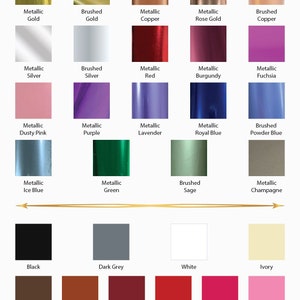 May include: A chart of 36 different color swatches, including metallic, brushed, and solid colors. The colors are arranged in rows and columns, with the names of each color listed below the swatch.