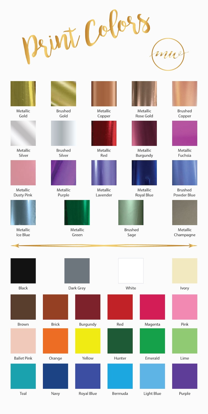 May include: A chart of 36 different color swatches, including metallic, brushed, and solid colors. The colors are arranged in rows and columns, with the names of each color listed below the swatch.