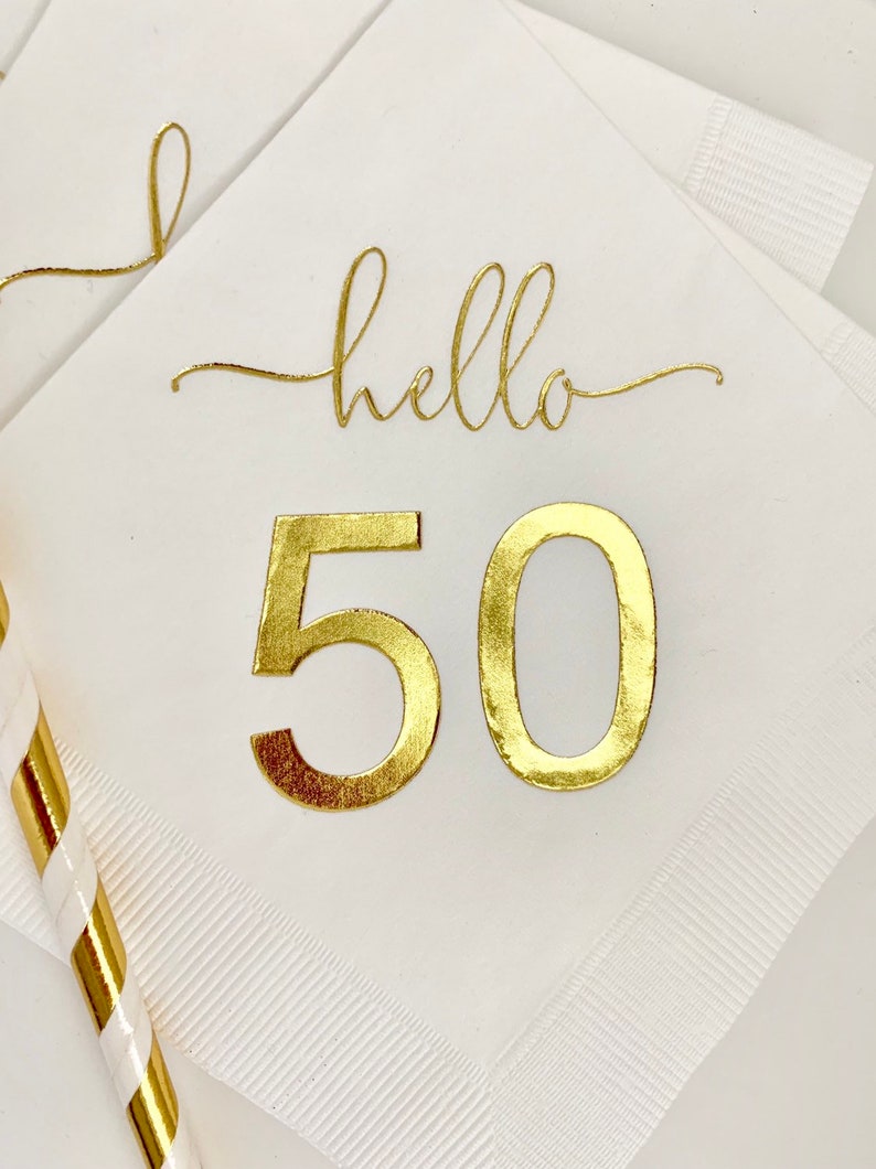 Party Decor Party Supplies Hello Fifty White Wmetallic Glitter Gold Foil Cocktail Beverage Napkins 3 Ply Happy Birthday 50th Hello 50 Fifty Fiftieth Quantity 25