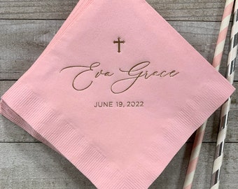 Personalized Baptism Monogram Napkins Baby Communion Christening Beverage Cross Religious Cocktail Luncheon Guest Towel Dinner Size!