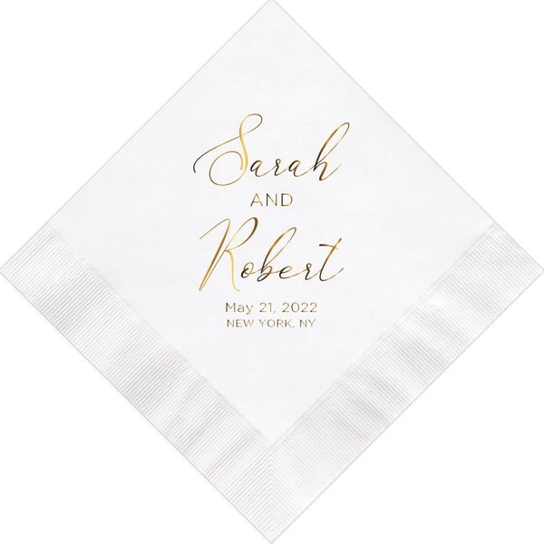 Personalized Wedding Napkins Cocktail Beverage Luncheon Dinner Guest Towels Monogram Custom Printed Foil Imprinting Imprinted Napkins