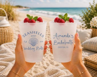 Personalized Frosted Cups Bachelorette Party Seashells and Wedding Bells Custom Cups Monogram Cups Custom Frosted Cups Beach Coastal