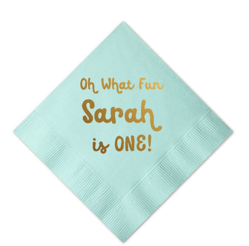 100 Personalized 1st Birthday First Baby One is Fun Gold Metallic Monogram Cocktail Beverage Napkins Luncheon Dinner Guest Towels Available