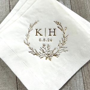 Personalized Napkins Wedding Napkins Custom Magnolia Wreath Decorative Wreath Beverage Cocktail Luncheon Dinner Guest Towels Available!