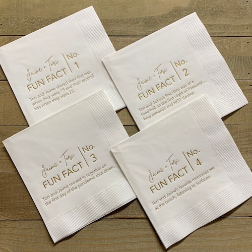 Servilletas personalizadas Trivia Servilletas de cumpleaños, bodas, servilletas de datos curiosos, servilletas para bebidas, almuerzos, cenas y toallas para invitados disponibles.
