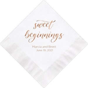 Personalized Wedding Napkins Sweet Beginnings Cake Napkins Dessert  Custom Cocktail Beverage Dessert Napkins Reception LOTS of COLORS Avail!