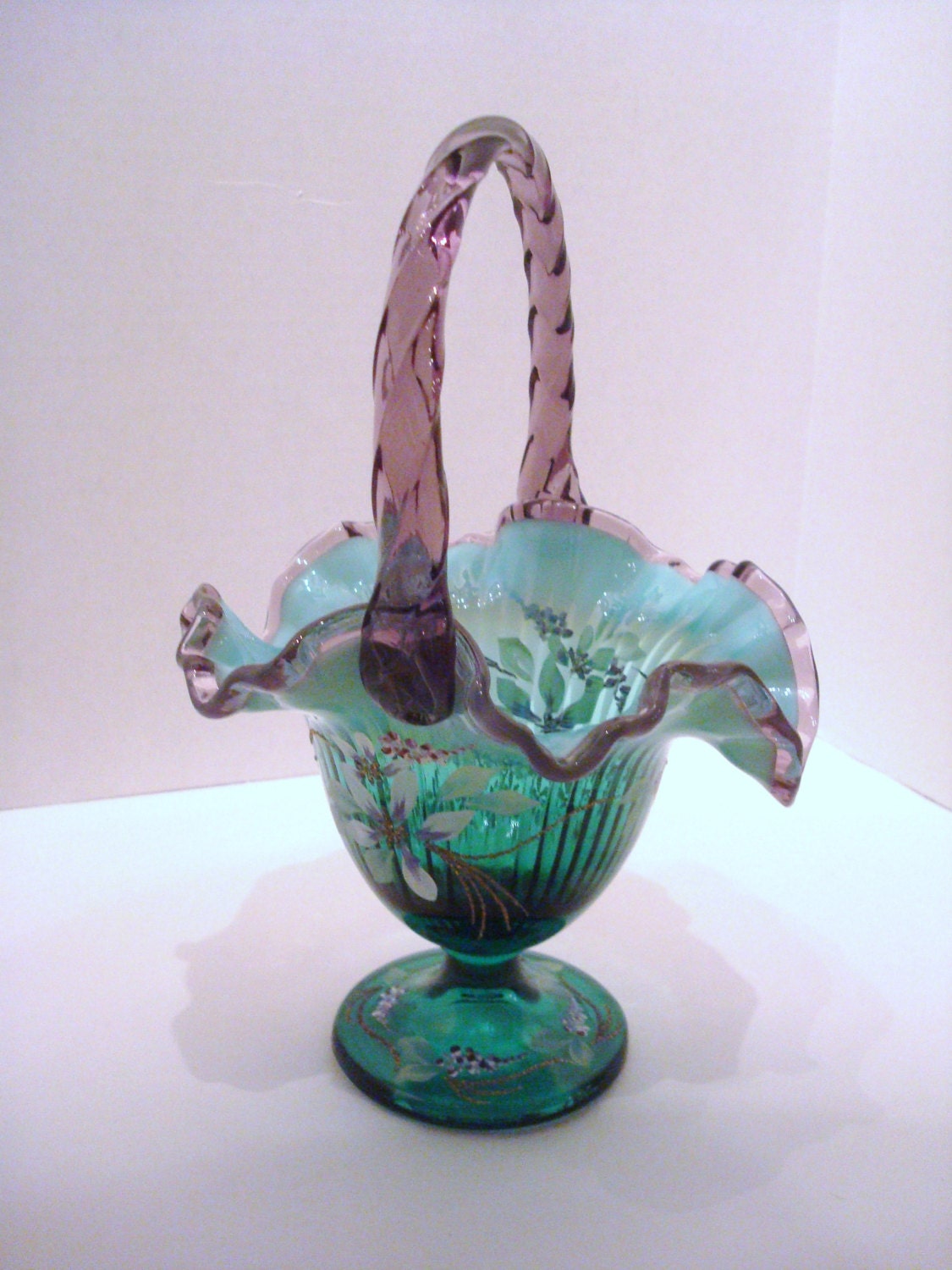 Vintage Hand Painted Fenton Art Glass Ruffled BasketArtist Etsy