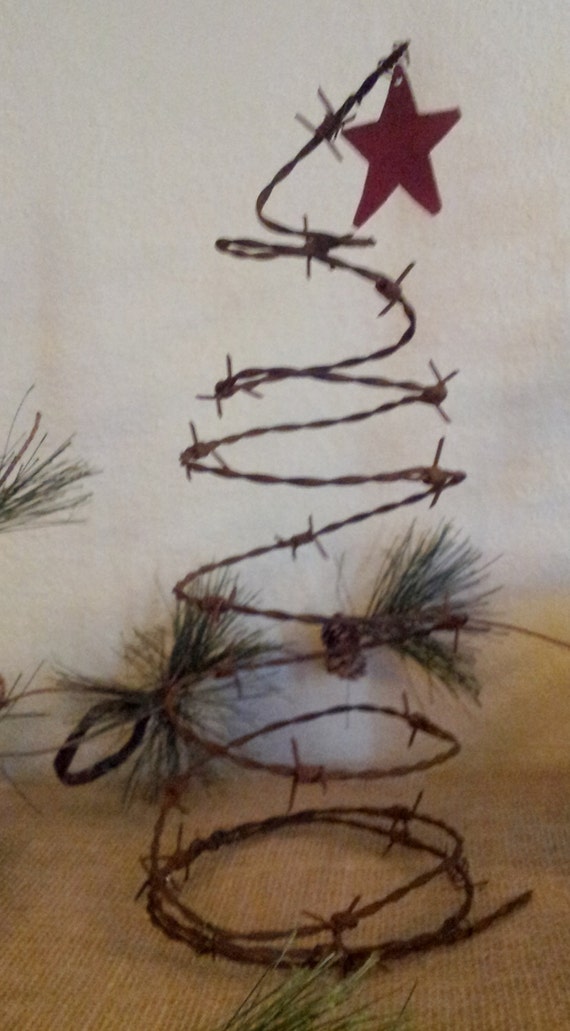 Items similar to Rustic Barbed Wire Christmas Tree with Red Star on Etsy