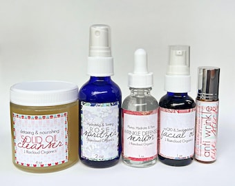 5-Piece Organic Anti-Aging Skincare Set: Detox Oil Cleanser, Rose Toner & Hyaluronic Acid Serum