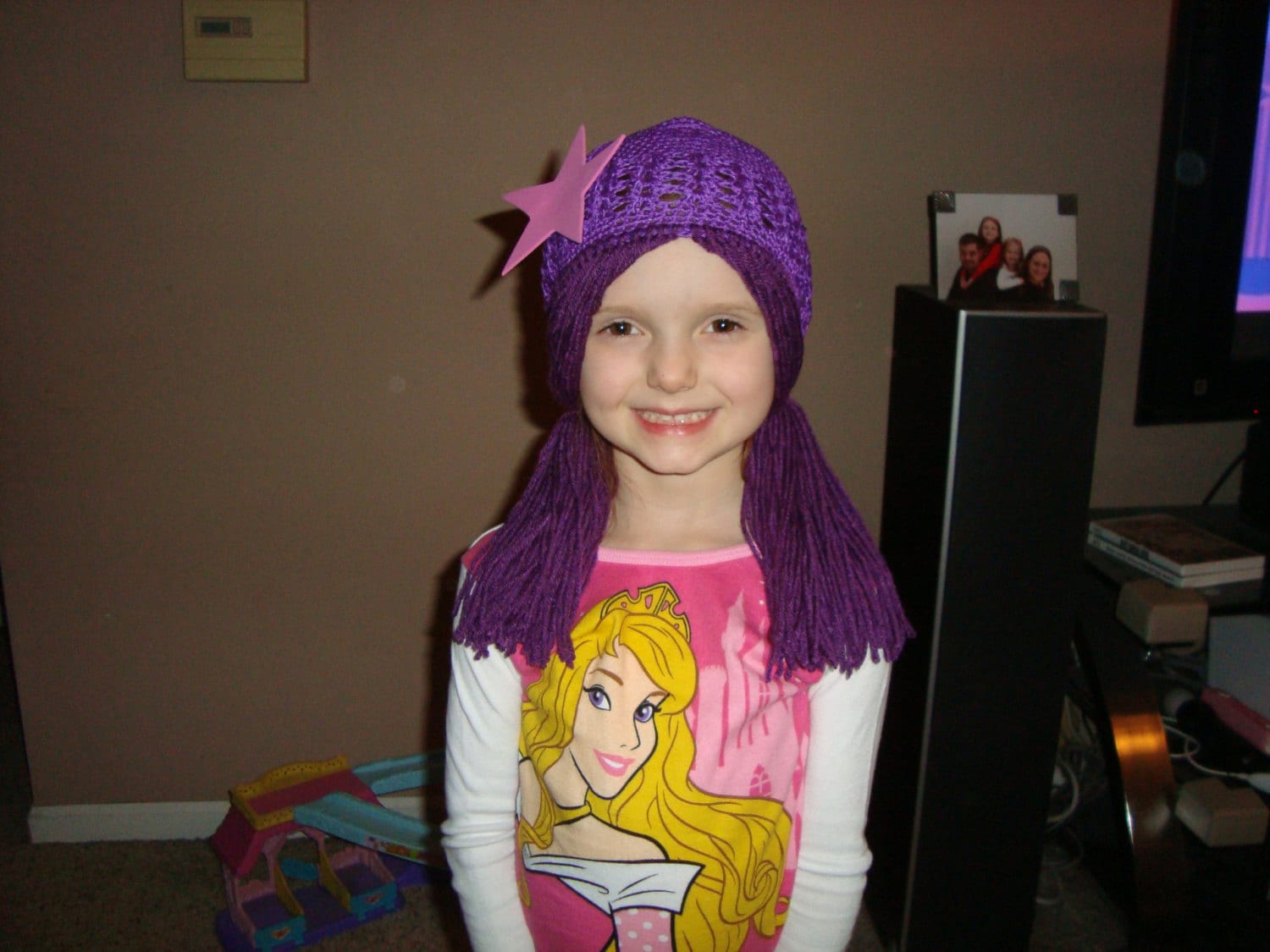 Oona Bubble Guppies inspired wig hat purple yarn pigtails and a pink foam clip