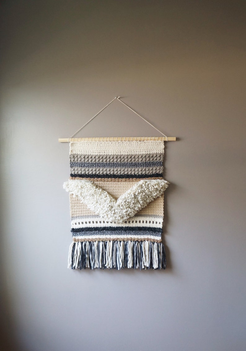 Chevron Wall Hanging, Bohemian Tapestry, Gypsy Fringe, Crochet Weaving, Cream Brown, Rustic Textile Art, Modern Home Décor, Fiber Art