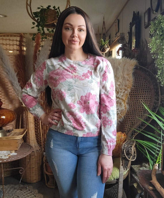 Vintage beige, pink, floral, butterfly sweater top