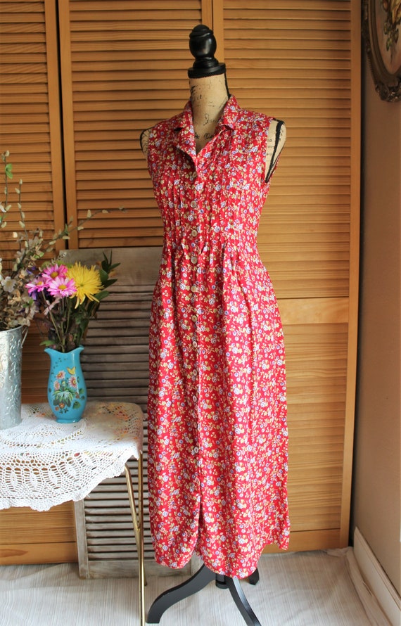 red and green floral dress