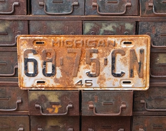 Michigan 1945 License Plate Vintage Rusty Silver Wall Decor