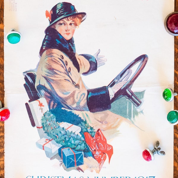 1917 Antique Car Christmas Ephemera Vintage Youth's Companion Woman Driver Collectible Paper