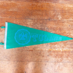 May include: A green pennant with the word "TULANE" in blue block letters. The pennant also features a blue circular emblem with a pelican. The pennant is on a wooden surface.