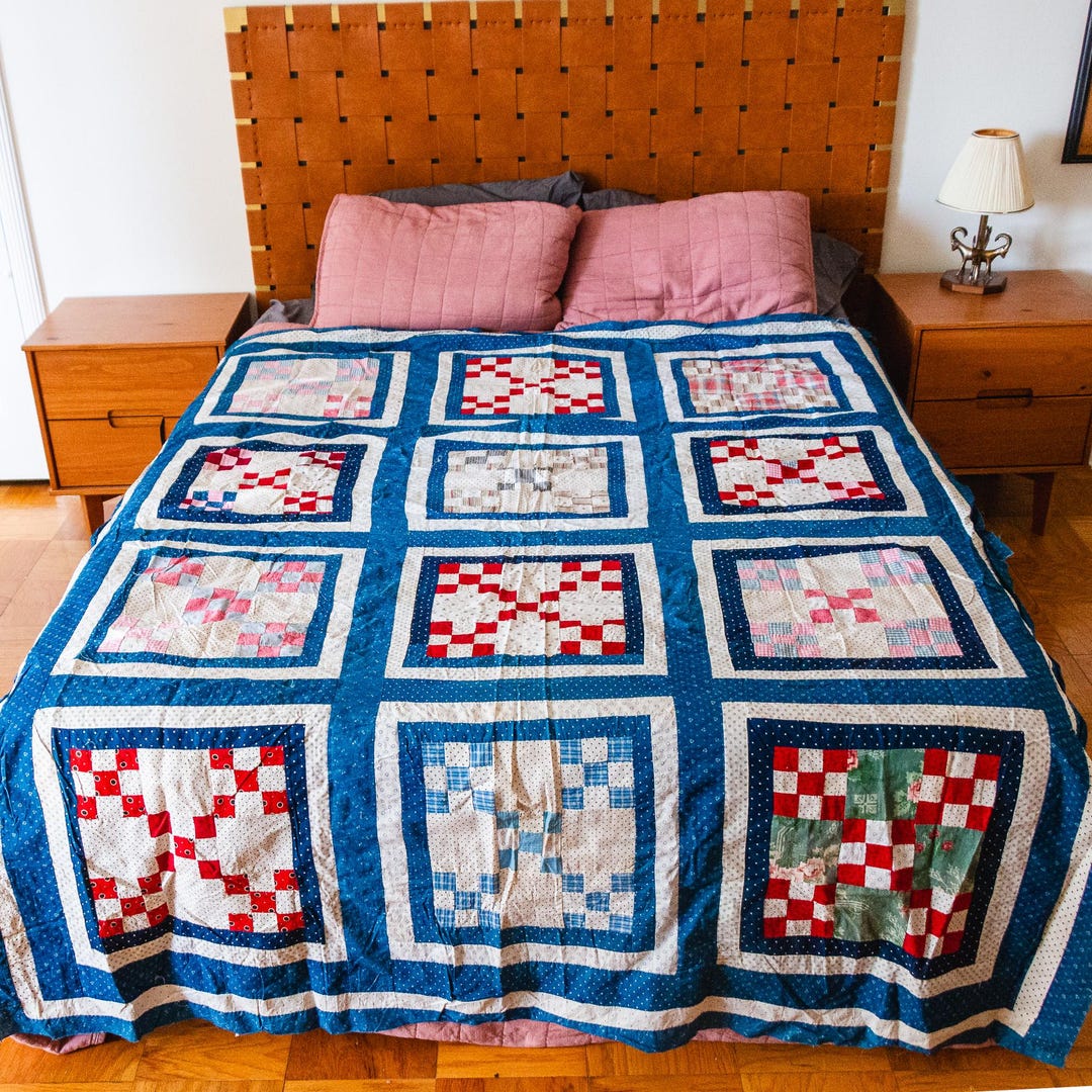 Blue Double Nine Patch Quilt Vintage Square Patchwork Farmhouse Decor ...