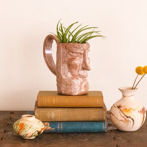 May include: A terracotta planter shaped like a face with a green air plant growing out of the top. The planter is sitting on a stack of four books. A small, white vase with brown and yellow marbling is on the right side of the image.