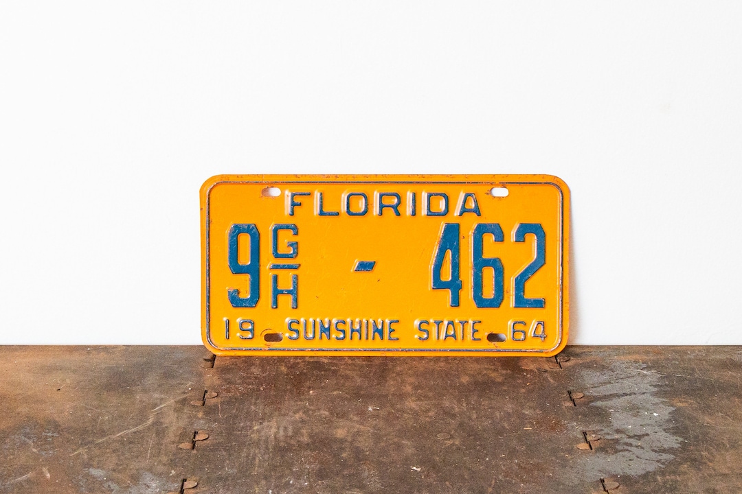 1964 Florida License Plate Orange Blue Vintage DMV Clear YOM 1964 Ford