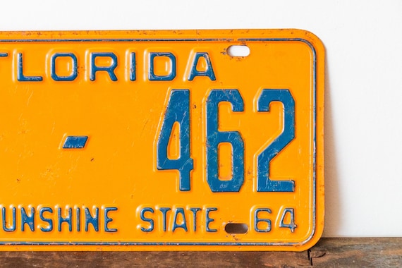 1964 Florida License Plate Orange Blue Vintage DMV Clear YOM 1964