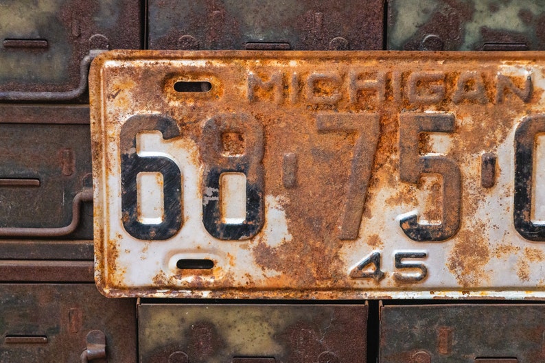 Michigan 1945 License Plate Vintage Rusty Silver Wall Decor