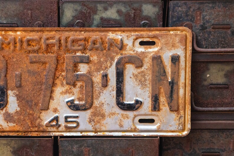 Michigan 1945 License Plate Vintage Rusty Silver Wall Decor