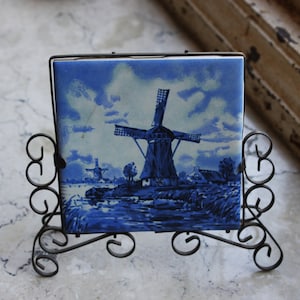 Delft Blue Holland Windmill Tile Vintage Porcelain