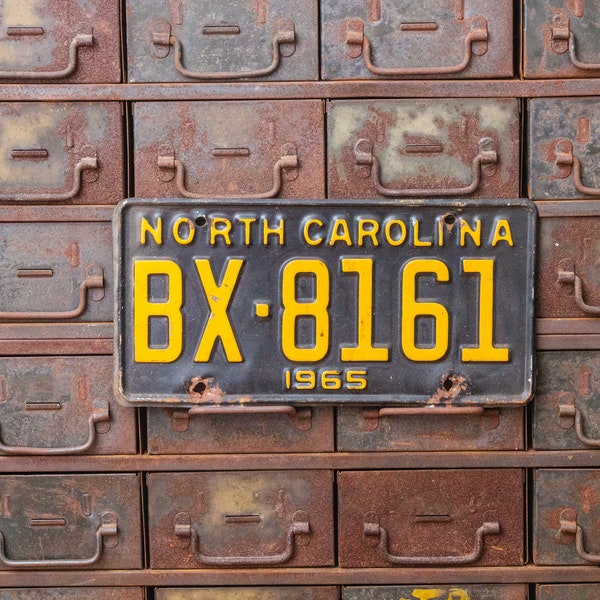 North Carolina 1965 License Plate Vintage Black and Yellow Wall Hanging Decor