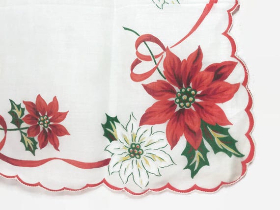 poinsettia Vintage DESCO Red Embroidered Poinsettia Holiday Christmas Handkererchief 11 Square Holiday hanky Christmas handkerchief