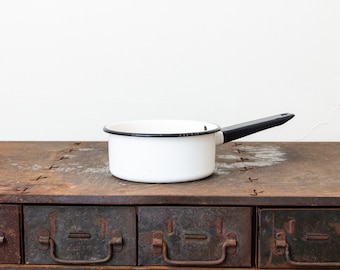 Black and White Enamelware Sauce Pan Pot Vintage Kitchen Decor Accent