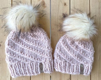 Handmade Custom Whirlstream Beanie | Matching Set Mommy and Me - Blush Pink, Silver Gray, Ivory w/ Faux Fur Pom Pom - Chunky Soft Knit