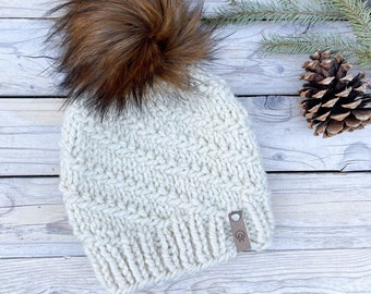 Handmade Whirlstream Swirl Beanie - Gold Twinkle Ivory w/ Brown Pom Pom - Chunky Knit Hat