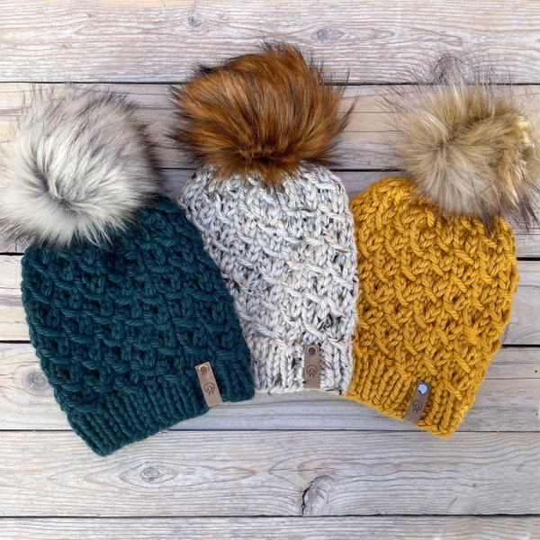 Custom Handmade Louise Beanie - Chunky Knit with Jumbo Faux Fur Pom Pom - neutral, jewel tone color options