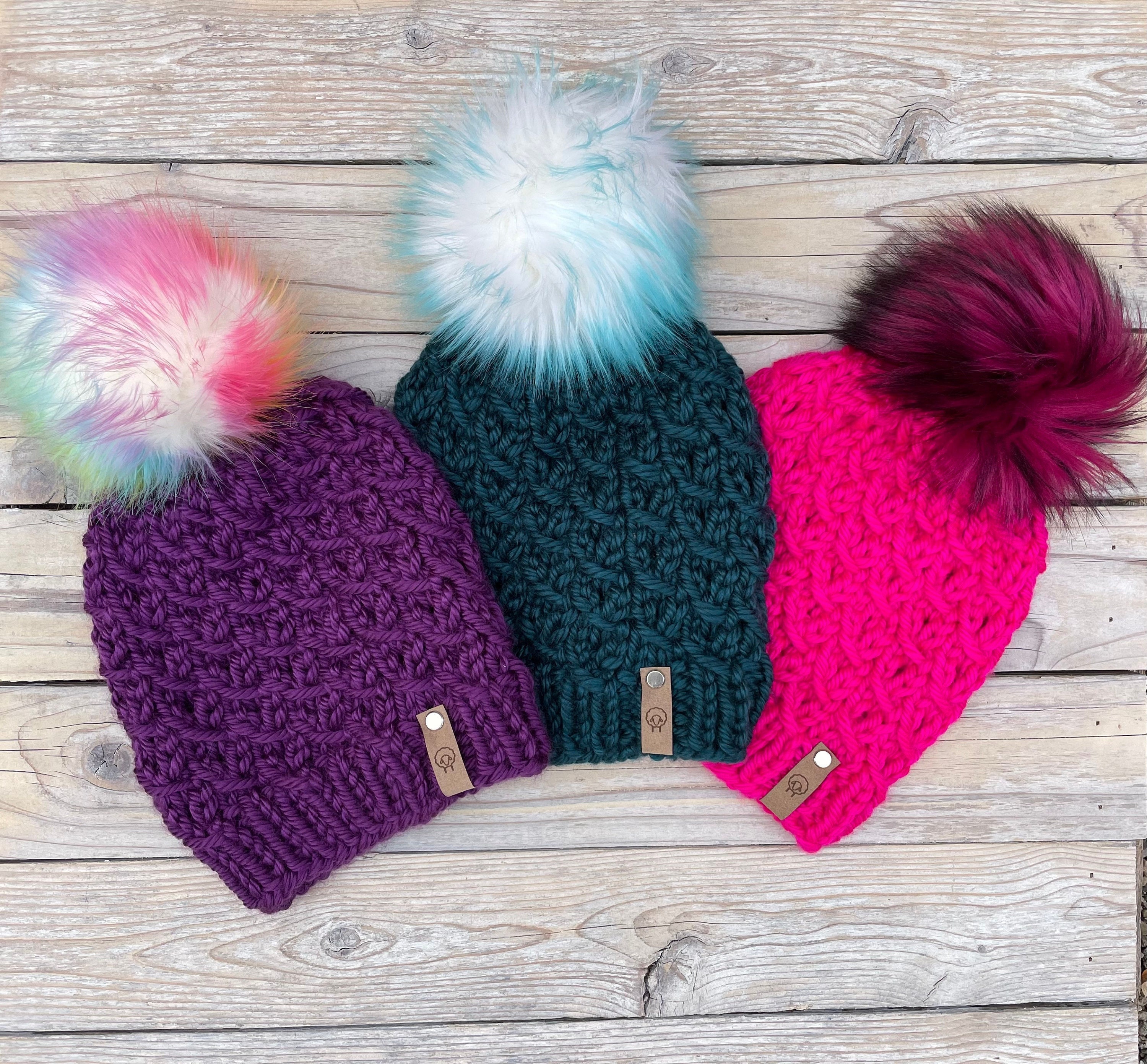 Handmade Chunky Knit Beanie With Faux Fur Pom Pom 