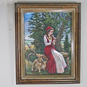 Original Egg Tempera, Dog and Girl with Flute, 9 x 12 inches.