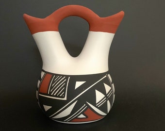 Miniature Acoma Pueblo Pottery Signed RLS Two Vintage Small Pueblo Acoma Hand Crafted Vases 2