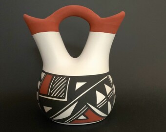 Miniature Acoma Pueblo Pottery Signed RLS Two Vintage Small Pueblo Acoma Hand Crafted Vases 2