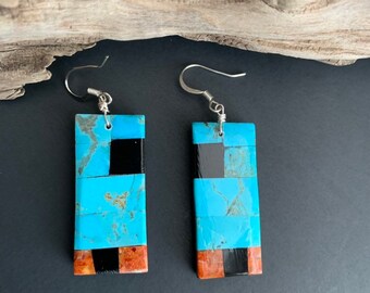 Lupita Calabaza 2 14 Native American Santo Domingo Blue Turquoise Apple Coral Mosaic Sterling Silver Earrings