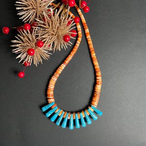 Native America Turquoise & Spiny Oyster Shell Necklace, Traditional Santo Domingo Necklace, Lupe Lovato Artist, SouthWest Necklace.