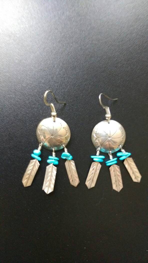 アクセサリー Navajo Turquoise Concho Earring Navajo Concho Earrings, Turquoise Sterling Silver Feathers, Native