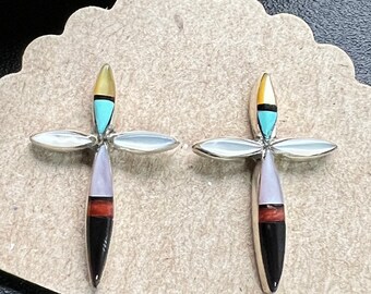 Native American Zuni Earrings, Zuni SIGNED Cross Earrings, Multi Stone  Cross Earrings, Southwest Earrings.