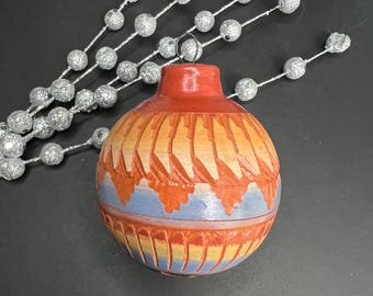 Navajo Etched Pottery Christmas Ornament, Signed, Dine’ Collectable