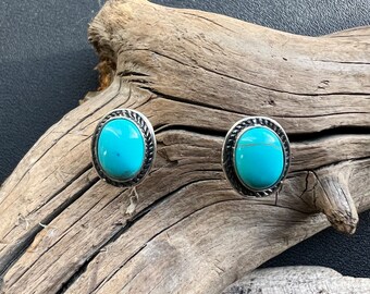 Native America Navajo Jewelry, Sleep Beauty Turquoise 9x7mm Stud Earrings, SIGNED,Turquoise Earrings,  Navajo  Handcrafted Earrings,